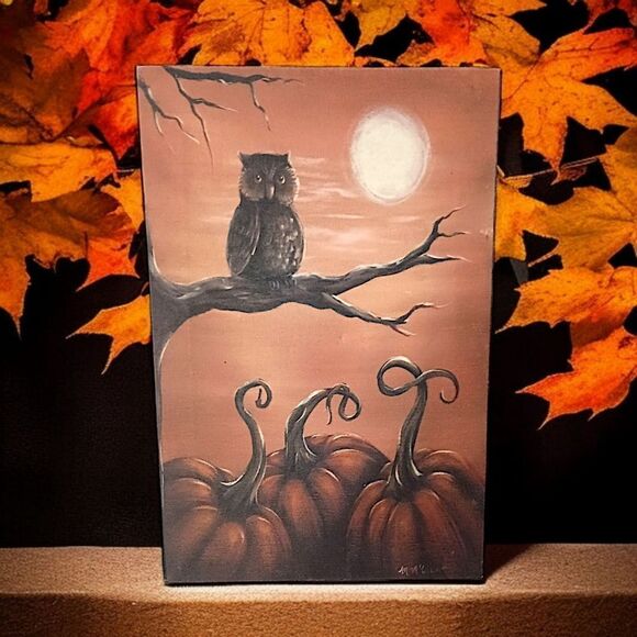 Halloween LED Light Up Canvas Wall Decor Art Owl Pumpkins Full Moon Witchy Fall. - Picture 1 of 16